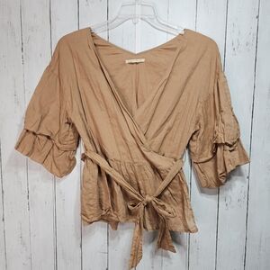 Ne Quittez Pas Anthropologie Women's Brown Cotton Wrap Shirt Size Small/Medium.